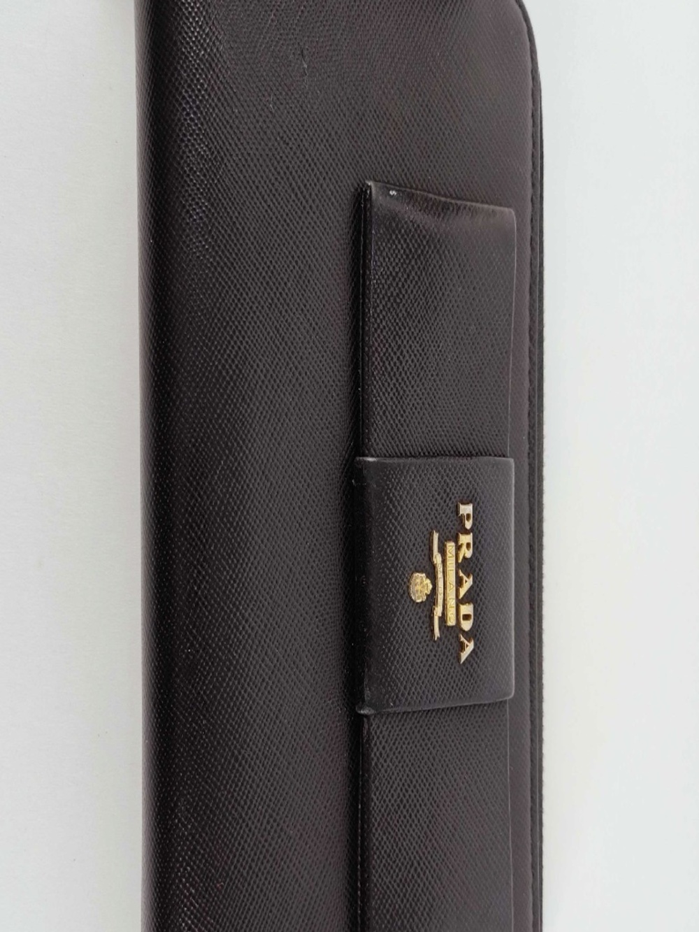 Prada Dark Brown Saffiano Leather Bow Zip Around Wallet